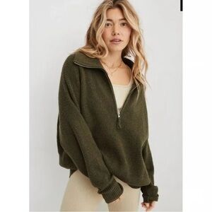 Aerie CozyUp Waffle Quarter Zip Sweater, Olive Green, size S Oversized